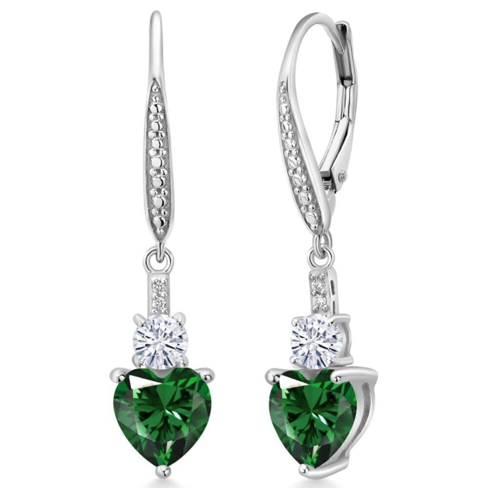 925 Sterling Silver with 2.49 Cttw Emerald and Moissanite Heart Earrings